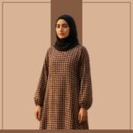 Beige and maroon gingham check modest abaya dress by Zeenaya