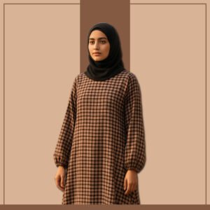 Beige and maroon gingham check modest abaya dress by Zeenaya
