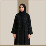 Black chiffon petal-print open-front abaya by Zeenaya