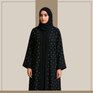 Black chiffon petal-print open-front abaya by Zeenaya