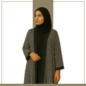 Zeenaya black and white chevron-stripe abaya