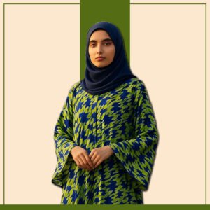 Zeenaya blue and lime geometric abaya with tiered hem