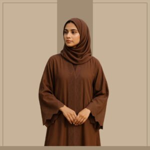 Dusty mauve rhinestone open-front abaya with laser-cut trim – Zeenaya