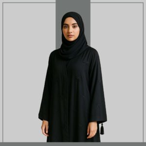 Black abaya with embroidered bows and tassel trim – Zeenaya