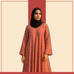 Red and white diagonal stripe abaya by Zeenaya