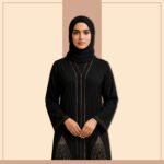 Zeenaya black gold sequin abaya with triangle fringe