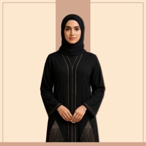 Zeenaya black gold sequin abaya with triangle fringe
