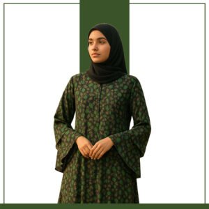 Zeenaya black and green abstract floral abaya
