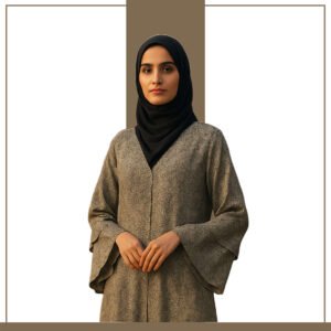 Monochrome paisley abaya with tiered hem and flutter sleeves – Zeenaya