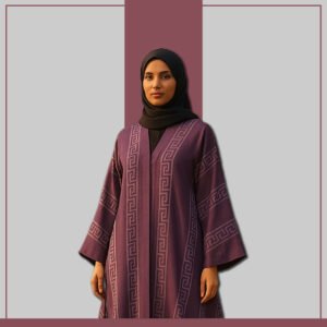 Modest Fashion Plum Greek Key Abaya Styled with Hijab