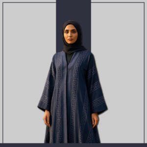 Teal Blue Greek Key Abaya Styled with Hijab – Zeenaya