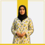 White floral abaya with blue and yellow print by Zeenaya