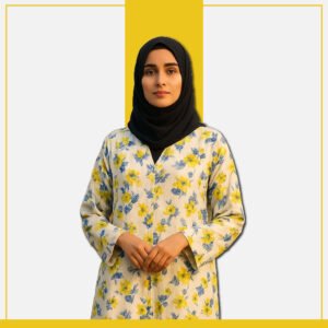 White floral abaya with blue and yellow print by Zeenaya