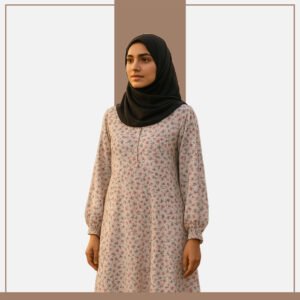 White floral abaya with red micro print by Zeenaya