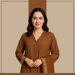 brown embroidered abaya with cuff design by Zeenaya Modestwear